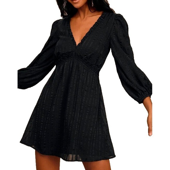 Lulus Black Long Sleeve Mini Dress Ruffle Empire Cocktail Small Date Nite NWT - Picture 2 of 10